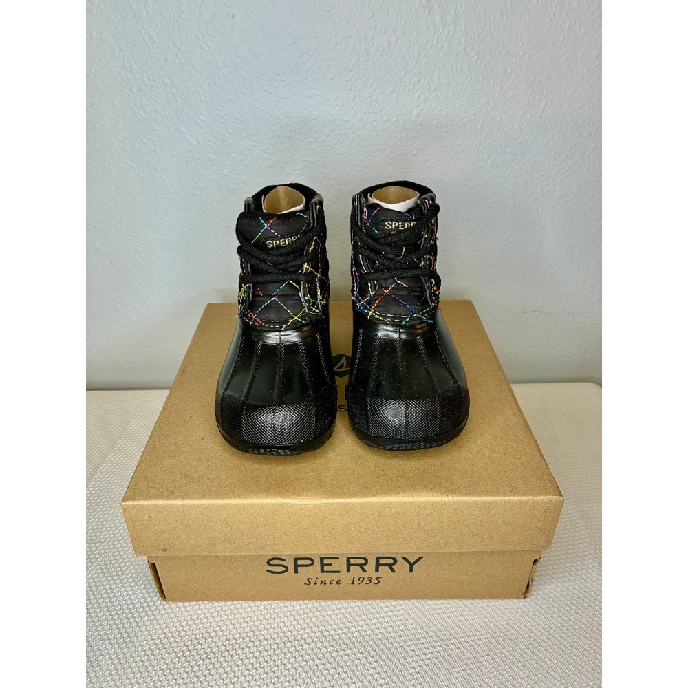 Sperry Kid's Port Ankle  Boots - black and rainbow quilted. Size kids 6.